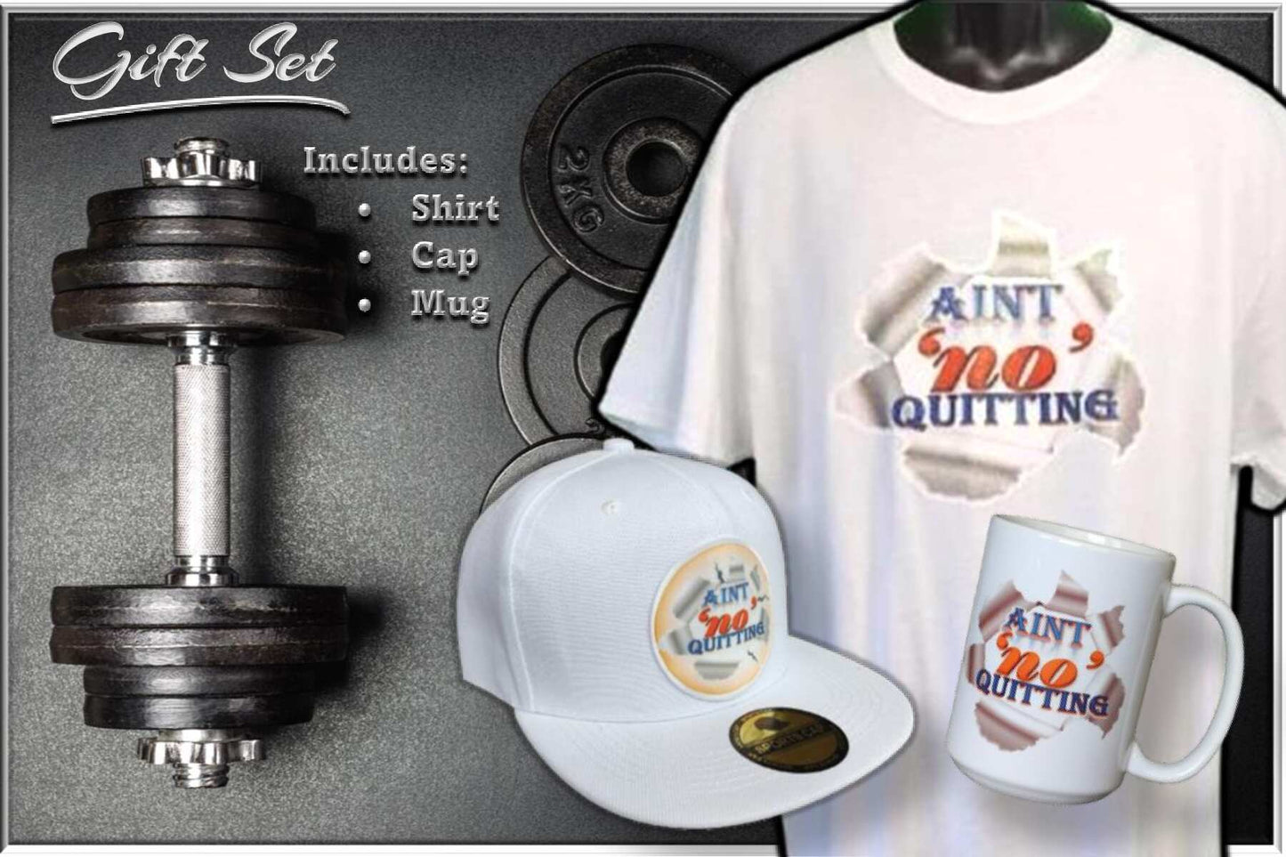 Ain’t ’No’ Quitting gift set white tee mug hat motivational bundle

White glitter tee with Ain’t ’No’ Quitting mug and flat-bill hat

Aint 'no' Quitting Gift Set - White www.justsaynpromos.com