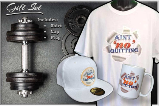 Ain’t ’No’ Quitting gift set white tee mug hat motivational bundle

White glitter tee with Ain’t ’No’ Quitting mug and flat-bill hat

Aint 'no' Quitting Gift Set - White www.justsaynpromos.com