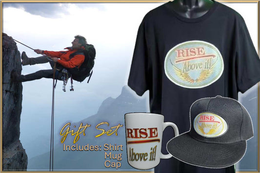 Rise Above It! black glitter tee mug hat gift set with golden wings

Faith-based empowerment bundle black tee mug hat unisex

Rise Above It! Gift Set - Black www.justsaynpromos.com