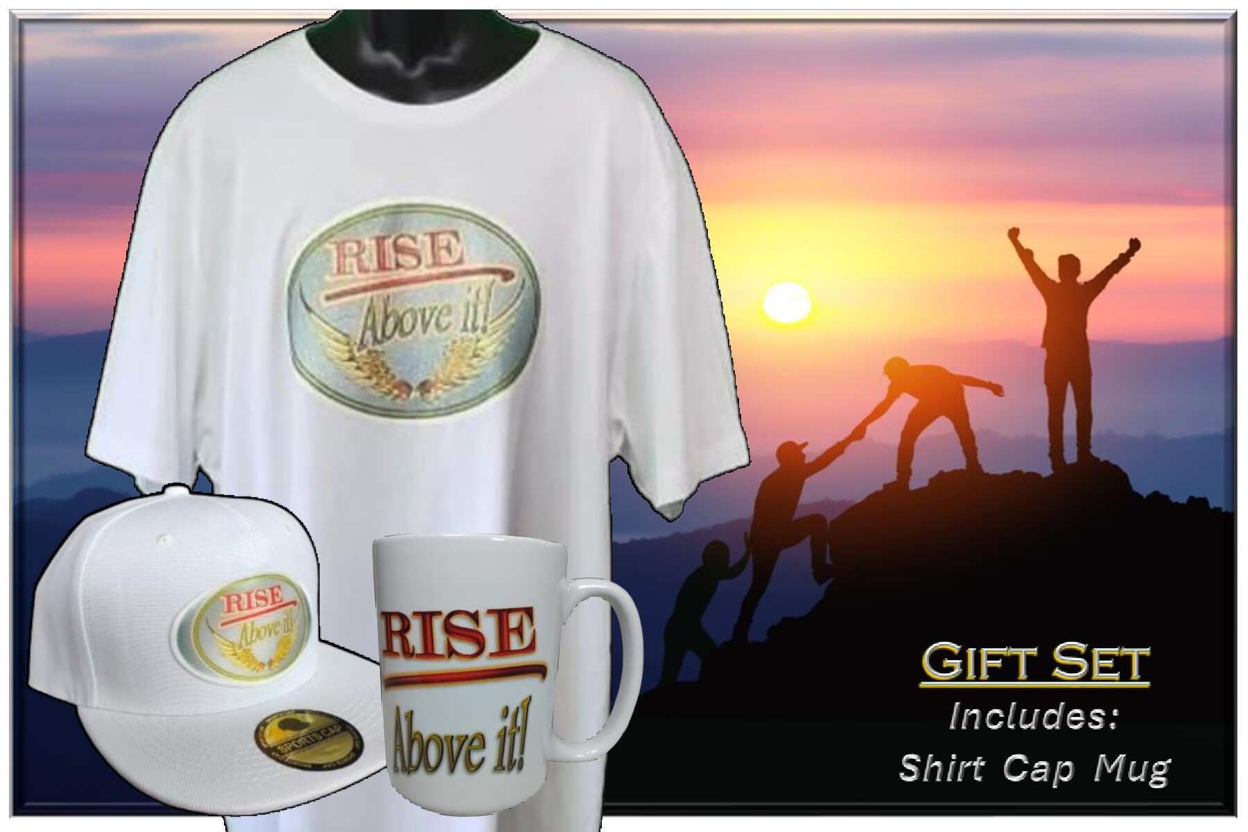 Rise Above It! white glitter tee mug hat gift set with golden wings

Faith-based empowerment gift bundle white tee mug and hat

White glitter cross tee mug hat motivational gift bundle for him or her

Rise Above It! Gift Set - White www.justsaynpromos.com