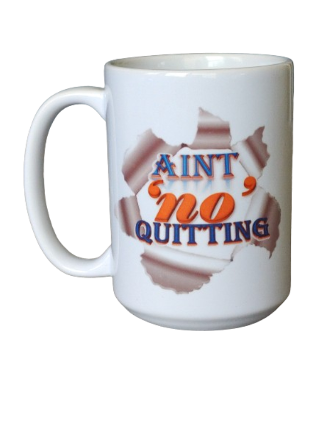 A white 15oz motivational coffee mug displaying a dynamic graphic of ripped paper, with the impactful phrase "AIN'T NO QUITTING" in vibrant blue and orange lettering. This never give up mug serves as a great inspirational mug gift, perfect for gym motivation or as a funny hustle mug to encourage perseverance.
www.justsaynpromos.com