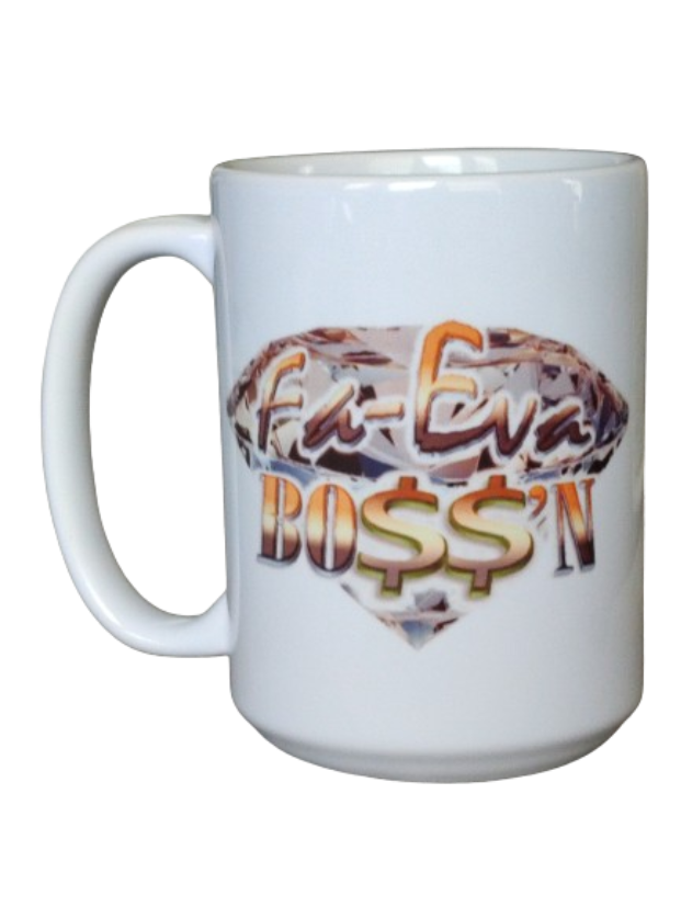A white 15oz entrepreneur coffee mug with a striking diamond design. The text "Fa-Eva BOSS'N" in shimmering gold and orange, using dollar signs for the "S," is prominently displayed over the diamond. This funny boss mug for him is an ideal money sign mug, making it a great gift for any leader.
www.justsaynpromos.com