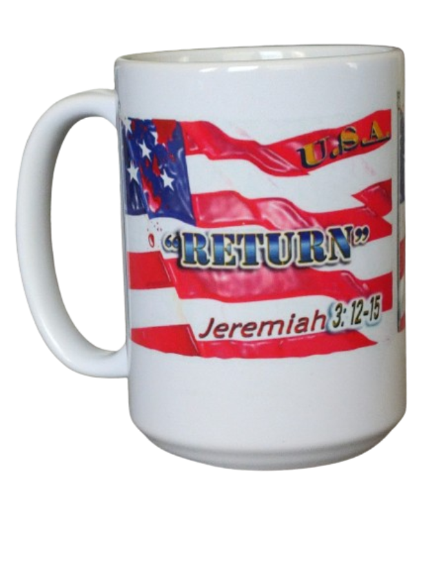 A white 15oz USA flag bible verse mug showcasing a large, waving American flag design. The text "RETURN" in bold blue and white, "USA" in red, and "Jeremiah 3: 12-15" in red are emblazoned on the flag. This Bible verse mug is a perfect patriotic Christian mug and faith and country gift mug.
www.justsaynpromos.com