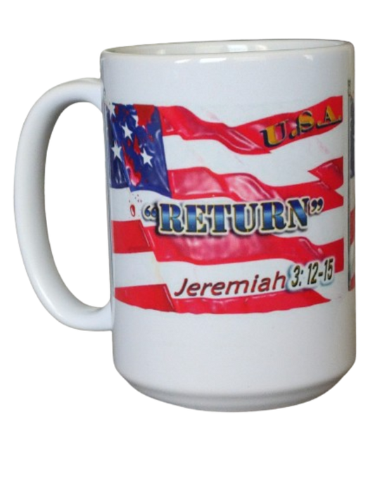 A white 15oz USA flag bible verse mug showcasing a large, waving American flag design. The text "RETURN" in bold blue and white, "USA" in red, and "Jeremiah 3: 12-15" in red are emblazoned on the flag. This Bible verse mug is a perfect patriotic Christian mug and faith and country gift mug.
www.justsaynpromos.com