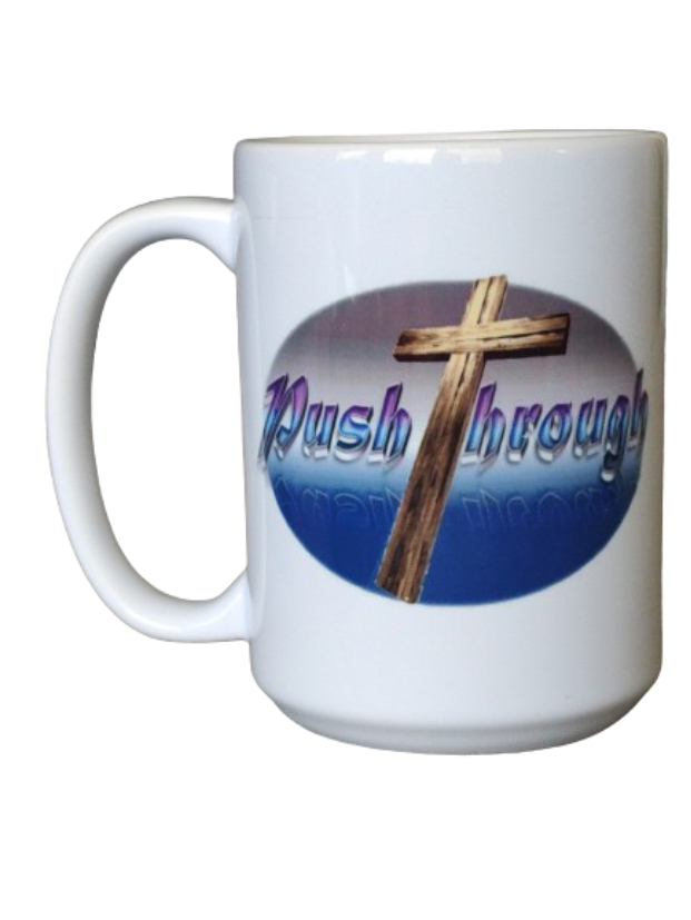 A white 15oz faith coffee mug featuring an oval graphic with a wooden Christian cross against a blue and purple gradient background. The words "Push Through" are boldly displayed in a shimmering purple font next to the cross, making this an inspirational Christian mug and religious mug gift.
www.justsaynpromos.com