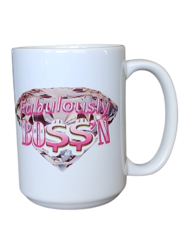 A white 15oz boss lady mug featuring a sparkling pink diamond graphic. The words "Fabulously BOSS'N" are written over the diamond in bold pink lettering, with dollar signs replacing the 'S's in "BOSS'N". This diamond design coffee mug is a perfect entrepreneur mug for her, making it a fabulous boss mug and a great money sign mug for her.

www.justsaynpromos.com
