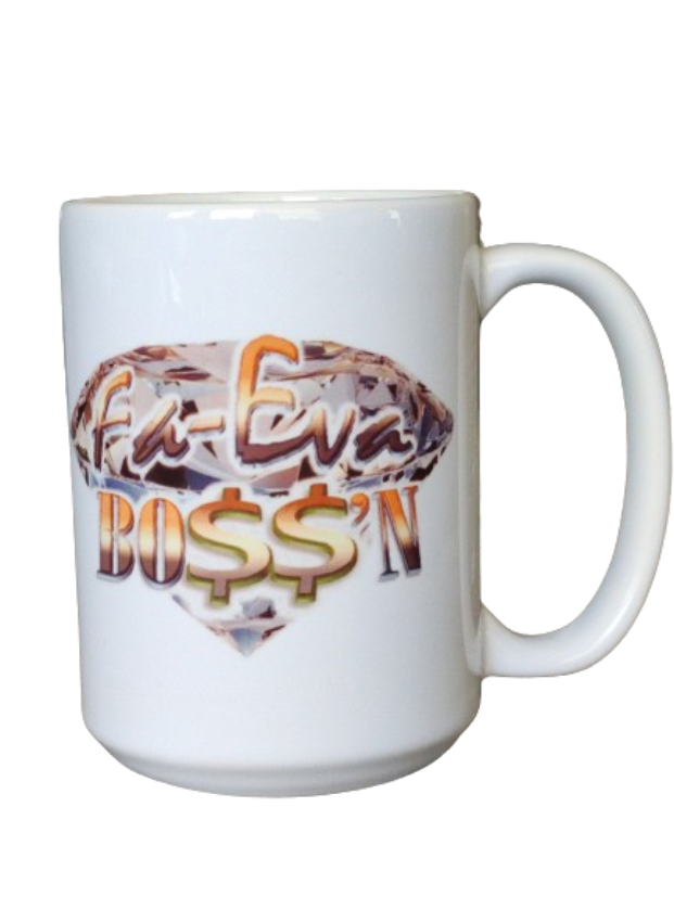 A white 15oz boss mug featuring a large, sparkling diamond graphic in the center. Overlaid on the diamond is the text "Fa-Eva BOSS'N" in a metallic gold and orange font, with dollar signs replacing the "S" in "BOSS'N." This entrepreneur coffee mug is a funny boss mug for him, perfect for a coffee lover with a strong work ethic.
www.justsaynpromos.com