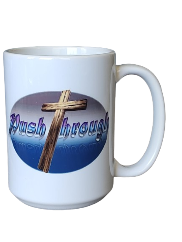 A white 15oz Christian cross mug, showcasing a close-up of the oval graphic with a rustic wooden cross prominently displayed against a vibrant blue and purple background. The text "Push Through" in purple, shimmery letters adds to the inspirational Christian mug design, making it a thoughtful religious mug gift.
www.justsaynpromos.com