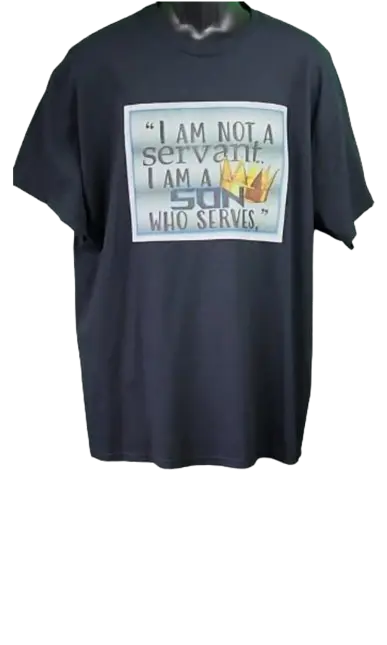 A black Christian Glitter T-Shirt for Men is displayed on a mannequin, facing slightly right. The front of the shirt features a prominent white rectangular graphic with a textured, slightly distressed appearance. In dark grey text, the quote reads: "I AM NOT A servant. I AM A SON WHO SERVES." The word "SON" is emphasized in a larger, bolder font, and a gold crown with subtle glitter accents is positioned above it. This religious crown t-shirt would make a great Christian glitter apparel gift.
