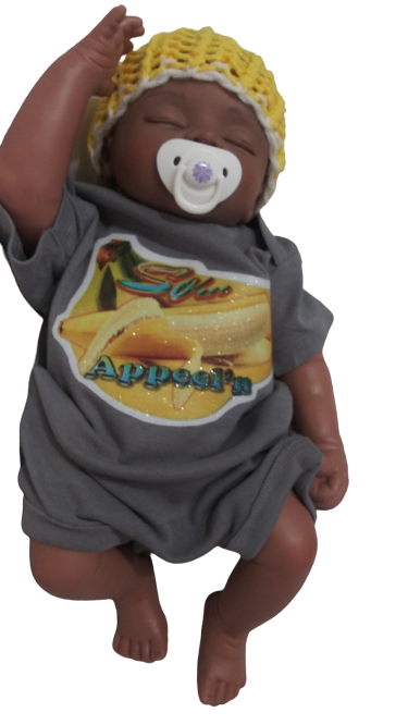 So Appeelin gray baby bodysuit glitter banana hand-pressed  
Banana-themed baby bodysuit 6-12 months
www.justsaynpromos.com