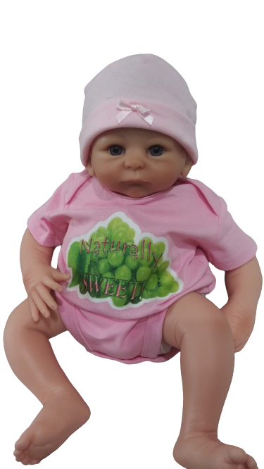 Naturally Sweet light pink baby bodysuit glitter green grapes hand-pressed  
Pink fruit themed baby romper 6-12 months
www.justsaynpromos.com