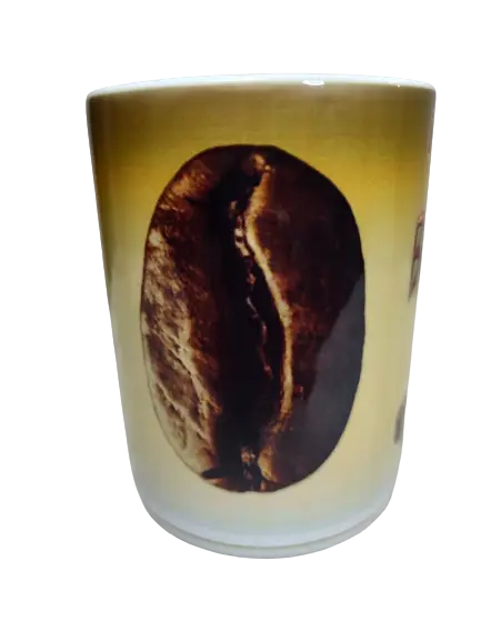 A close-up of a unique coffee mug gift, showcasing a single, large, dark brown coffee bean design on a yellow-brown gradient background. This porcelain coffee mug 15oz has a rich, earthy tone, hinting at its coffee-themed design.
www.justsaynpromos.com