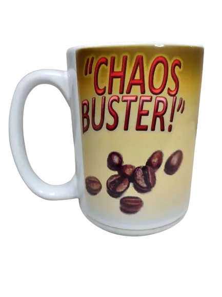 A white porcelain coffee mug 15oz, displaying a yellow-brown gradient design with the red text "CHAOS BUSTER!" prominently featured. Below the text, several dark brown coffee beans are scattered. This coffee bean mug 15oz is a funny coffee lover mug and a unique coffee mug gift.
www.justsaynpromos.com