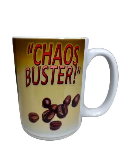 A white porcelain coffee mug 15oz with a yellow-brown gradient background, featuring the bold red text "CHAOS BUSTER!" above a scattering of brown coffee beans. This funny coffee lover mug is a motivational coffee mug, perfect for starting the day with a smile.
www.justsaynpromos.com