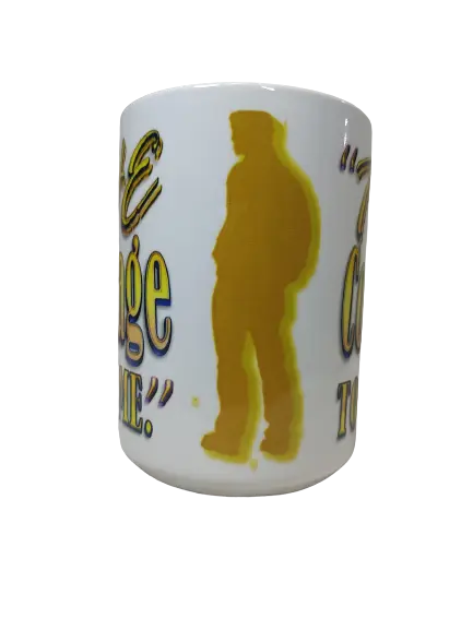 A white 15oz inspirational coffee mug for men, featuring a yellow male silhouette mug on the side, with parts of the phrase "THE COURAGE TO BE ME" in bold gold and blue lettering visible around the silhouette. This is a powerful men empowerment mug.

www.justsaynpromos.com