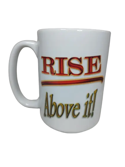 White porcelain 15 oz coffee mug with bold red text that reads “RISE” underlined in red and orange, and golden shadowed text below that says “Above it!”. The mug features the inspirational quote “Rise Above It!” on the front, perfect for morning motivation. This Rise Above It! 15 oz porcelain coffee mug with inspirational quote is great for uplifting gifts or personal encouragement.
www.justsaynpromos.com