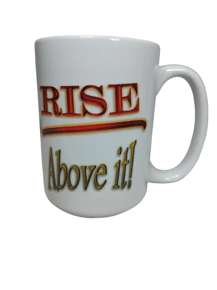 White porcelain 15 oz coffee mug with bold red text that reads “RISE” underlined in red and orange, and golden shadowed text below that says “Above it!”. The mug features the inspirational quote “Rise Above It!” on the front, perfect for morning motivation. This Rise Above It! 15 oz porcelain coffee mug with inspirational quote is great for uplifting gifts or personal encouragement.
www.justsaynpromos.com