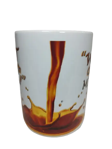 A white snarky coffee mug, shown from the side, with a stream of brown liquid pouring downwards into a splash, mimicking a spill. Parts of the text "WAIT One Freak'n MINUTE!" are visible on the left and right edges. This visual gag makes it a funny sarcastic mug and a unique novelty mug gift.
www.justsaynpromos.com