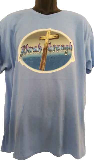 Push Through ✝️ Adult Unisex Graphic Tee - Large - Light Blue www.justsaynpromos.com